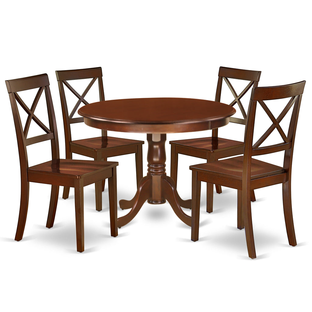 Juego de comedor de 5 piezas East West Furniture HLBO5-MAH-W para 4 personas. Incluye una mesa de comedor redonda con pedestal y 4 sillas de comedor.