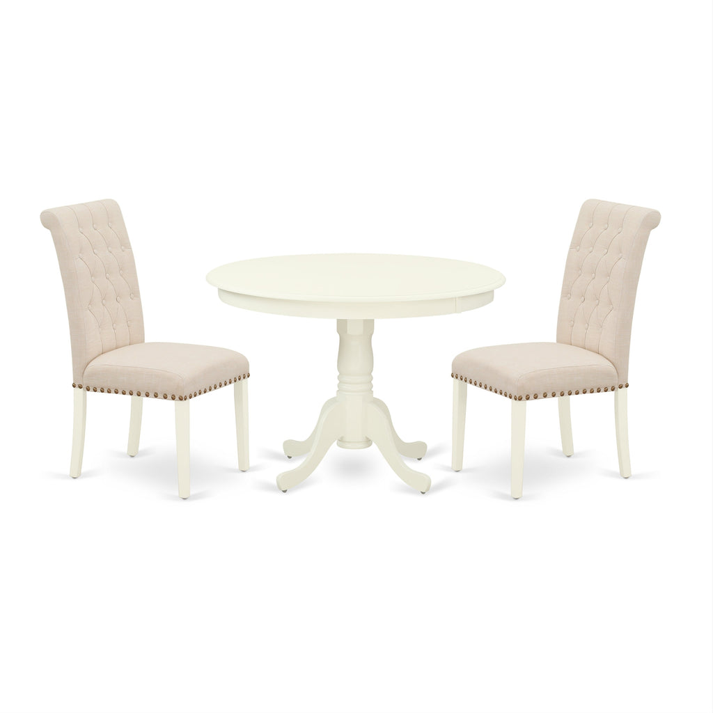 East West Furniture HLBR3-LWH-02 3 Piece Dining Table Set Contains a Round Dining Room Table with Pedestal and 2 Light Beige Linen Fabric Upholstered Chairs