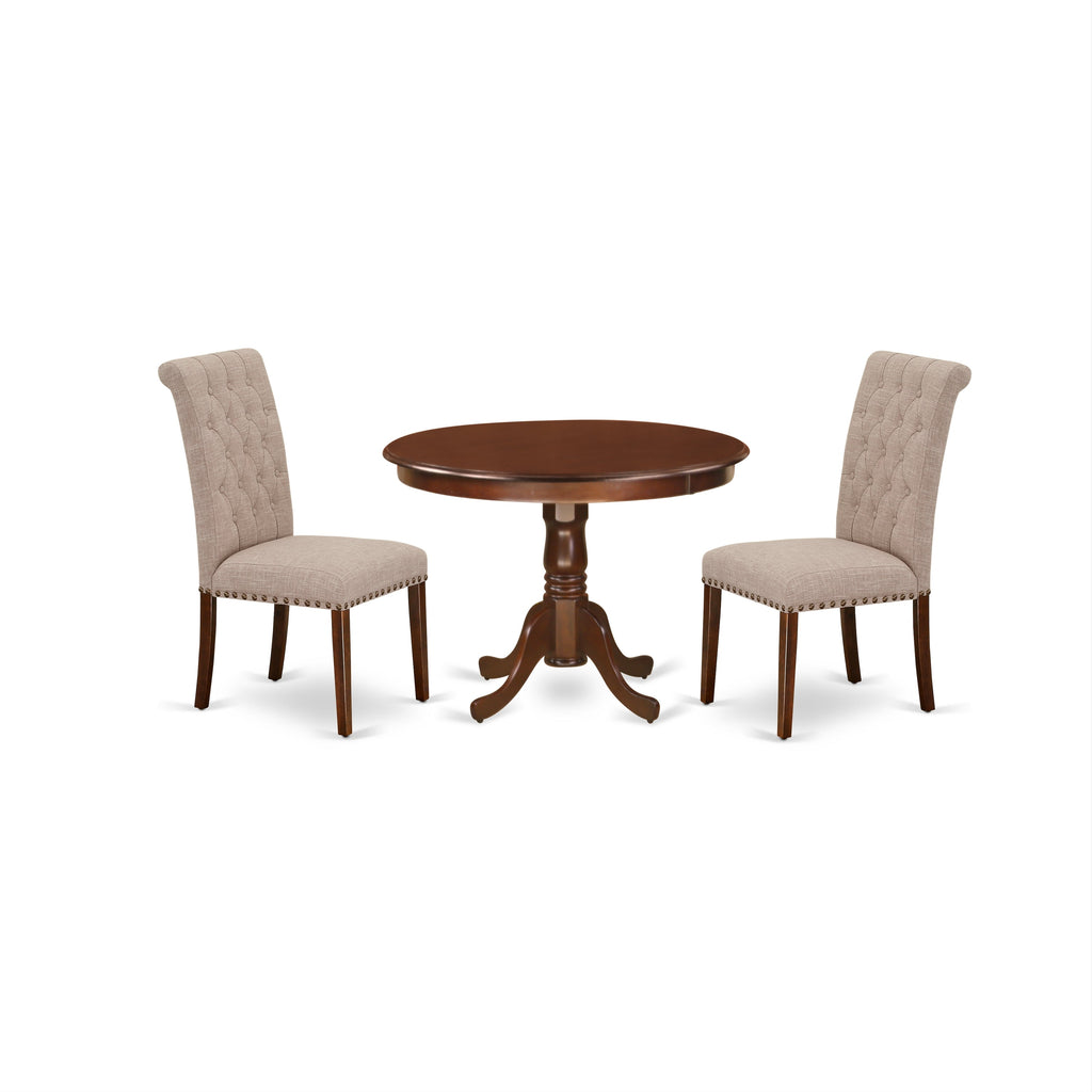 East West Furniture HLBR3-MAH-04 3 Piece Dining Set Contains a Round Dining Room Table with Pedestal and 2 Light Tan Linen Fabric Upholstered Parson Chairs