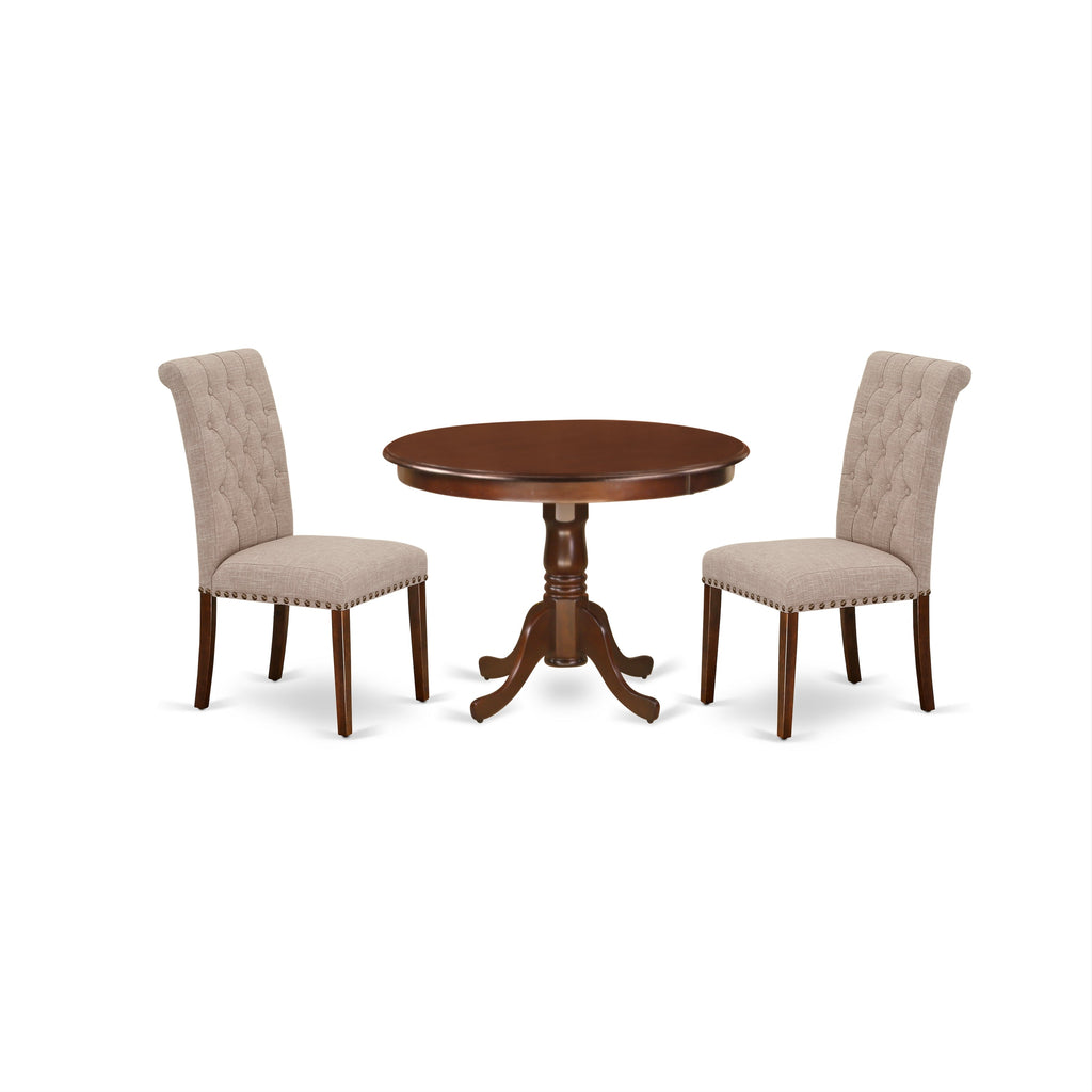 East West Furniture HLBR3-MAH-04 3 Piece Dining Set Contains a Round Dining Room Table with Pedestal and 2 Light Tan Linen Fabric Upholstered Parson Chairs, 42x42 Inch, Mahogany