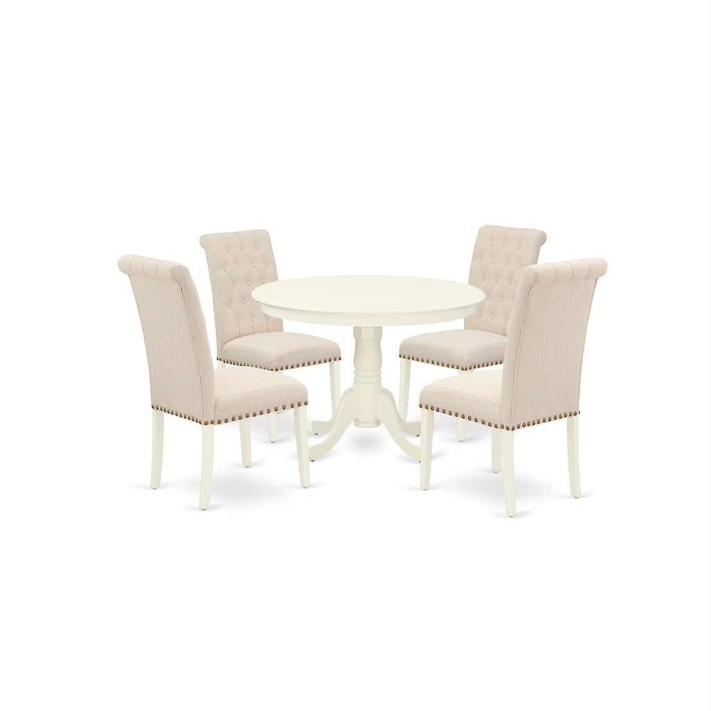 East West Furniture HLBR5-LWH-02 5 Piece Dining Room Furniture Set Includes a Round Dining Table with Pedestal and 4 Light Beige Linen Fabric Upholstered Chairs