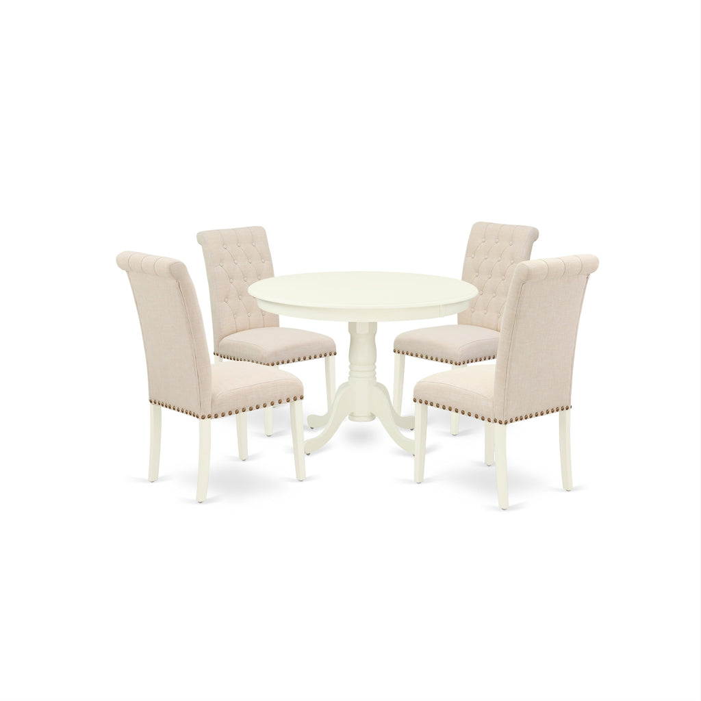 East West Furniture HLBR5-LWH-02 5 Piece Dining Room Furniture Set Includes a Round Dining Table with Pedestal and 4 Light Beige Linen Fabric Upholstered Chairs, 42x42 Inch, Linen White