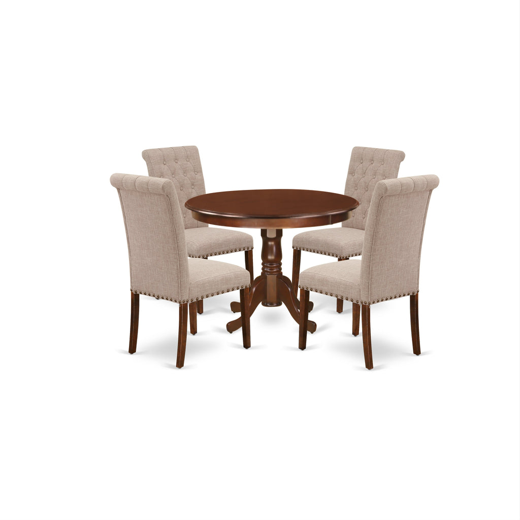 East West Furniture HLBR5-MAH-04 5 Piece Dining Set Includes a Round Dining Room Table with Pedestal and 4 Light Tan Linen Fabric Upholstered Parson Chairs