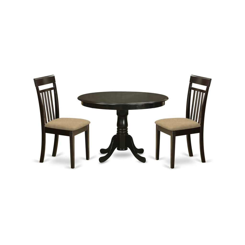 East West Furniture HLCA3-CAP-C 3 Piece Modern Dining Table Set Contains a Round Wooden Table with Pedestal and 2 Linen Fabric Upholstered Dining Chairs, 42x42 Inch, Cappuccino