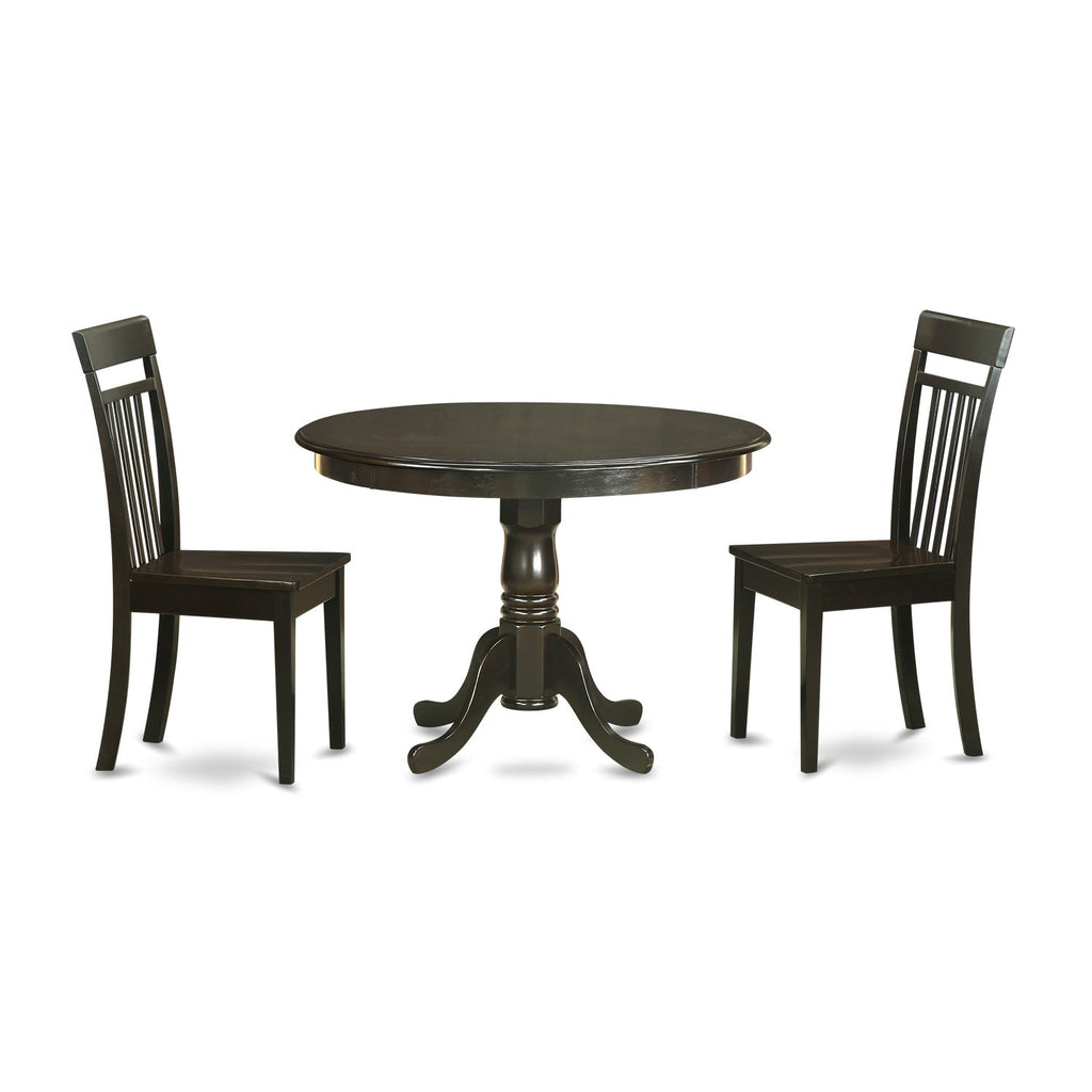 East West Furniture HLCA3-CAP-W 3 Piece Dining Set Contains a Round Dining Room Table with Pedestal and 2 Kitchen Chairs
