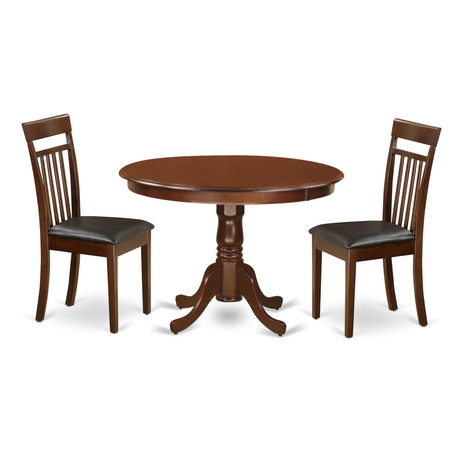 Juego de mesa de cocina de 3 piezas East West Furniture HLCA3-MAH-LC para espacios pequeños. Incluye una mesa de comedor redonda con pedestal y dos sillas tapizadas en piel sintética.