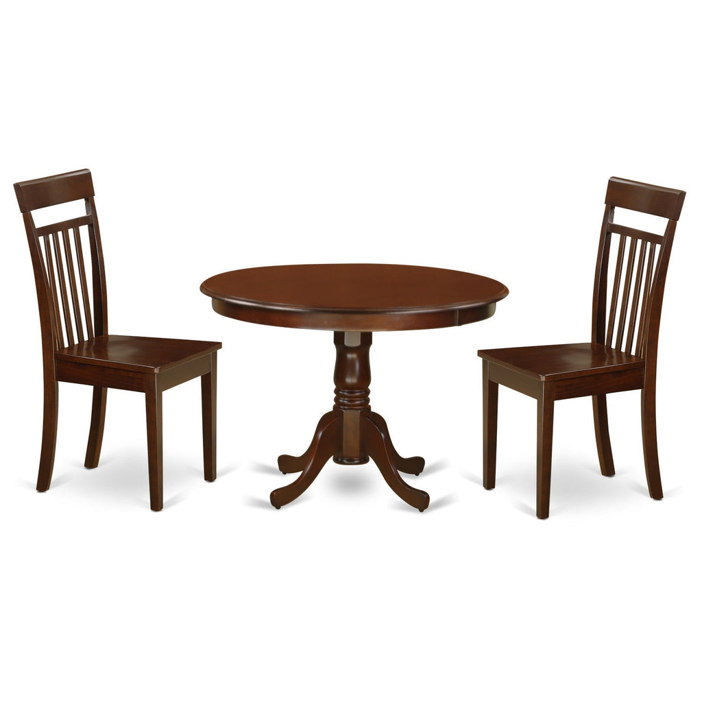 East West Furniture HLCA3-MAH-W 3 Piece Kitchen Table Set for Small Spaces Contains a Round Dining Room Table with Pedestal and 2 Dining Chairs