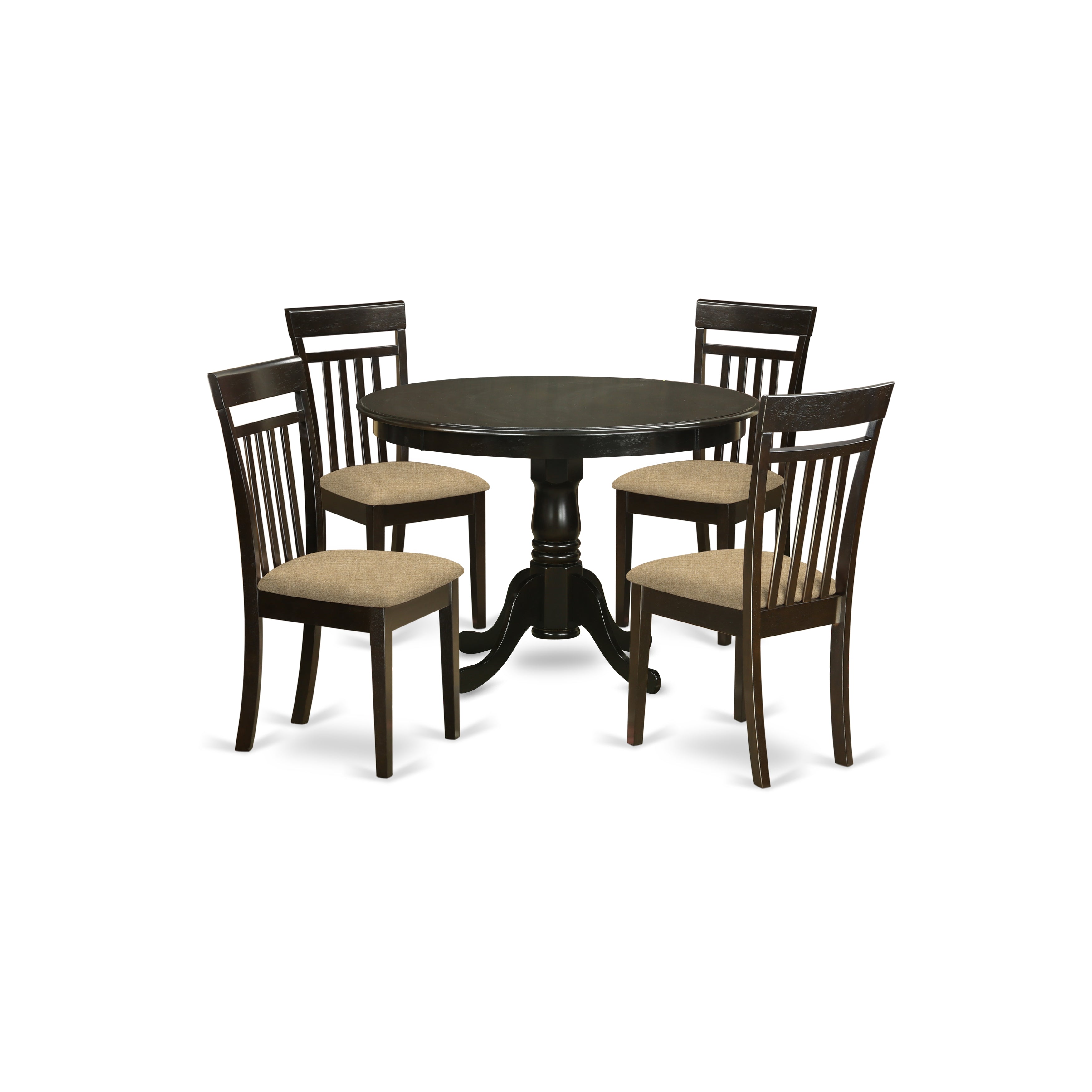 Juego de comedor de 5 piezas East West Furniture HLCA5-CAP-C para 4 personas. Incluye una mesa de comedor redonda con pedestal y 4 sillas de comedor de cocina de tela de lino.
