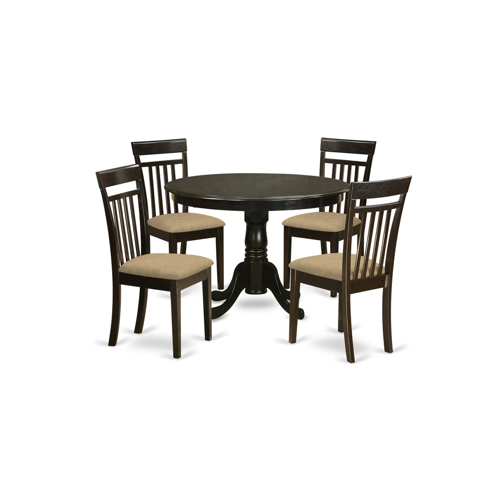 Juego de comedor de 5 piezas East West Furniture HLCA5-CAP-C para 4 personas. Incluye una mesa de comedor redonda con pedestal y 4 sillas de comedor de cocina de tela de lino.