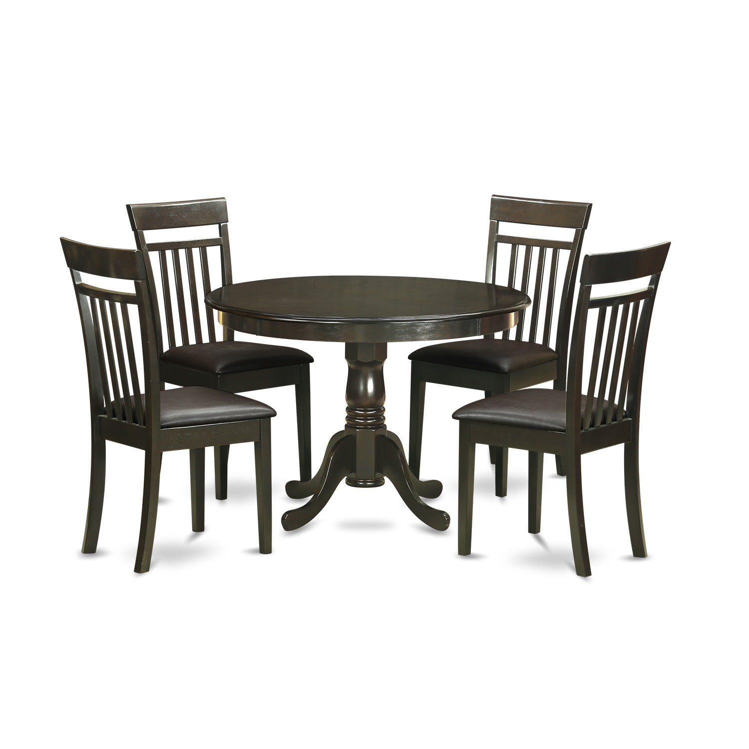 El juego de comedor de 5 piezas East West Furniture HLCA5-CAP-LC incluye una mesa de cocina redonda con pedestal y 4 sillas de comedor tapizadas en piel sintética.
