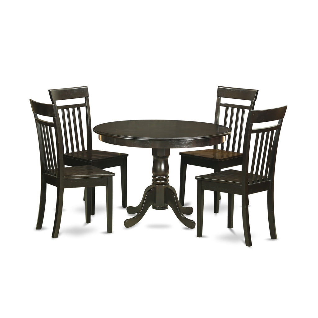 Juego de mesa de comedor de 5 piezas East West Furniture HLCA5-CAP-W. Incluye una mesa de cocina redonda con pedestal y 4 sillas de comedor.