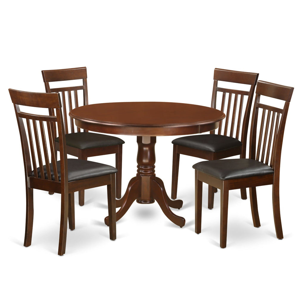 East West Furniture HLCA5-MAH-LC 5 Piece Modern Dining Table Set Includes a Round Wooden Table with Pedestal and 4 Faux Leather Kitchen Dining Chairs