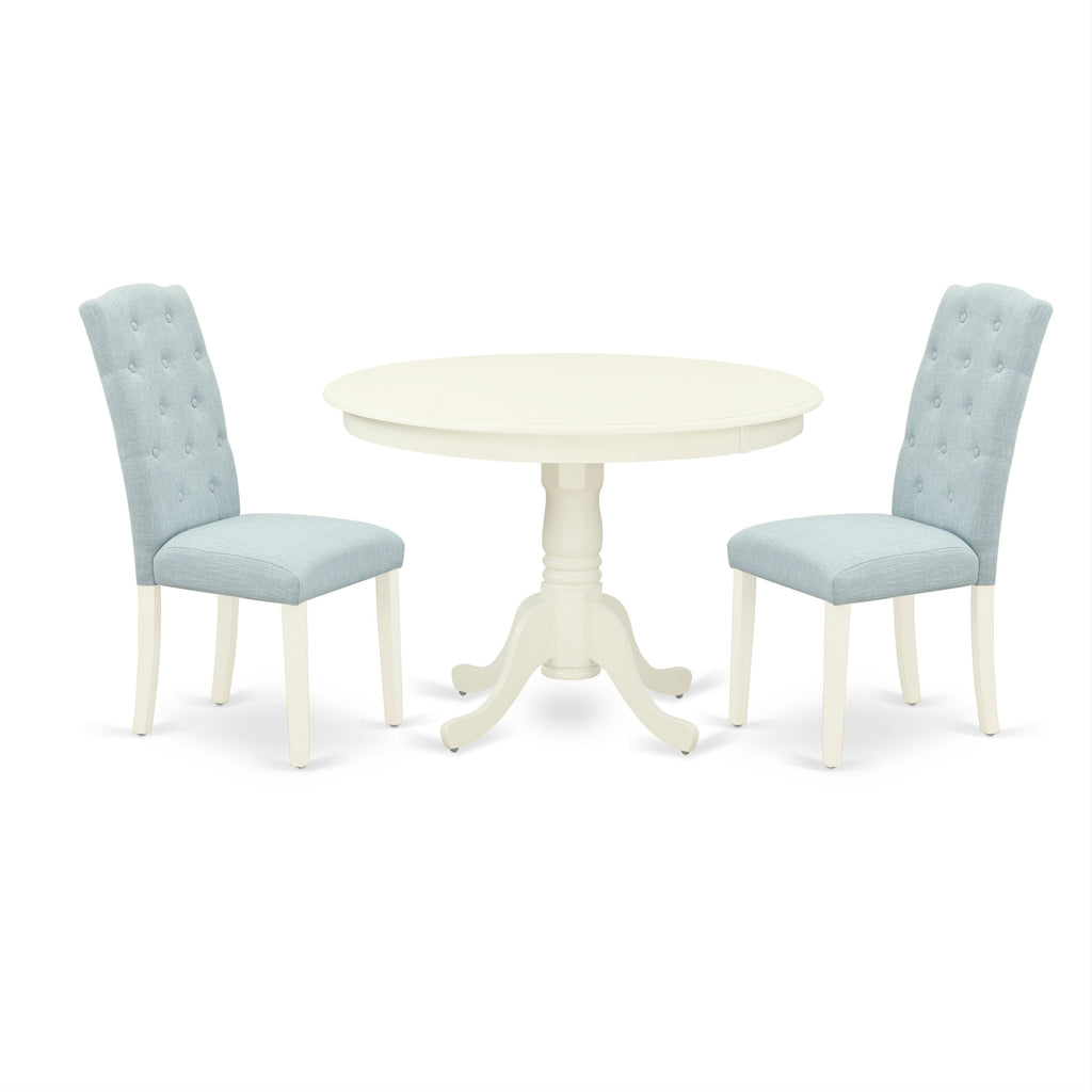 East West Furniture HLCE3-LWH-15 3 Piece Dining Room Furniture Set Contains a Round Dining Table with Pedestal and 2 Baby Blue Linen Fabric Upholstered Chairs