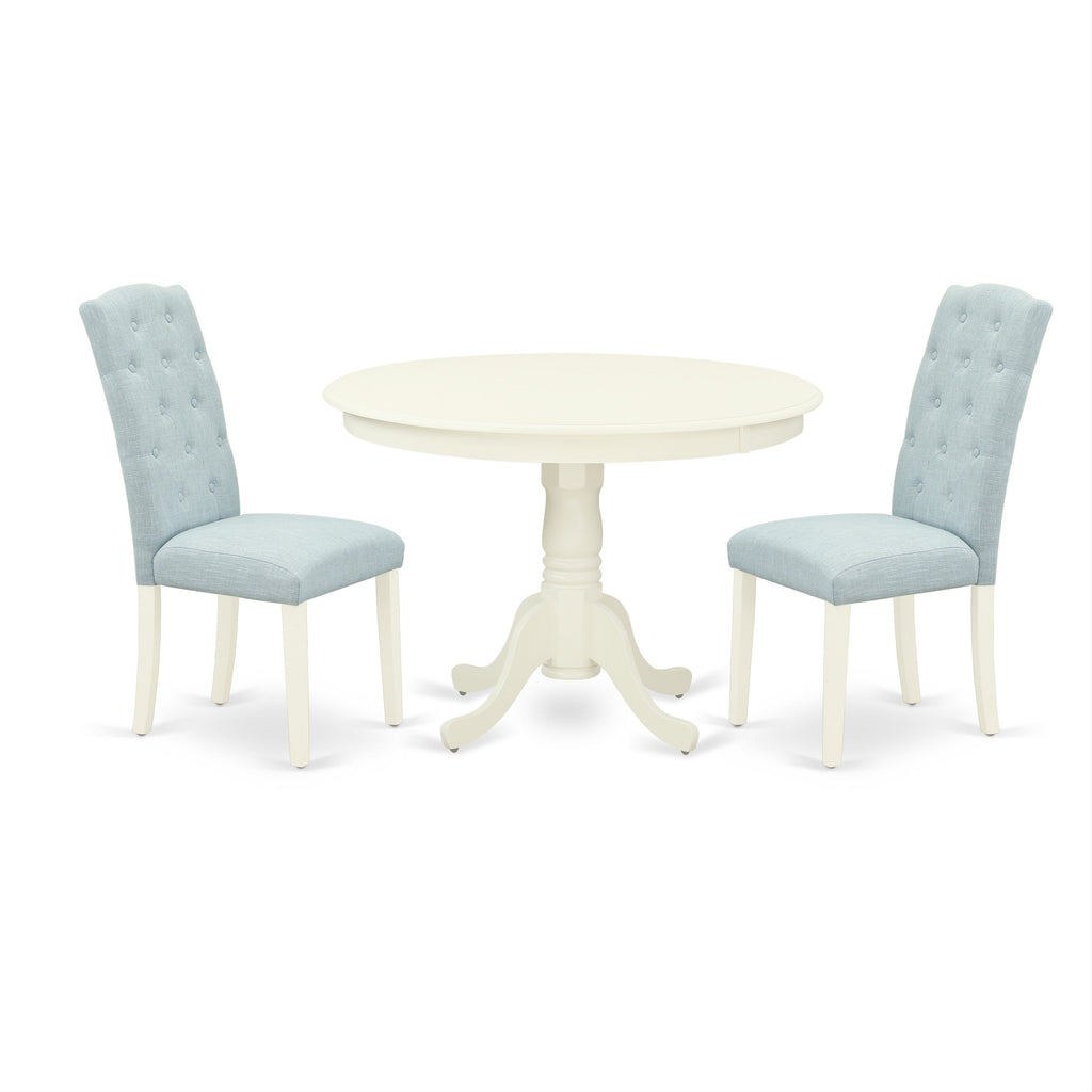 East West Furniture HLCE3-LWH-15 3 Piece Dining Room Furniture Set Contains a Round Dining Table with Pedestal and 2 Baby Blue Linen Fabric Upholstered Chairs, 42x42 Inch, Linen White