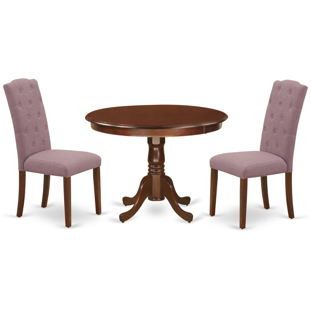 East West Furniture HLCE3-MAH-10 3 Piece Dining Set Contains a Round Dining Room Table with Pedestal and 2 Dahlia Linen Fabric Upholstered Chairs, 42x42 Inch, Mahogany