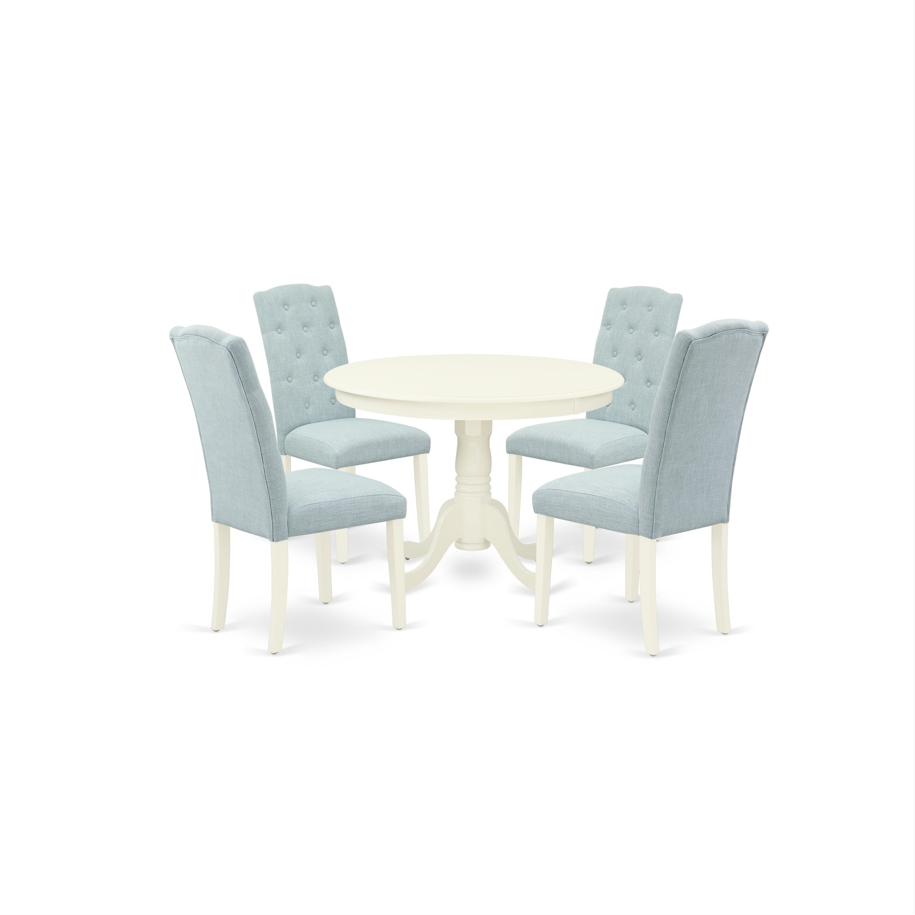Juego de mesa de comedor de 5 piezas East West Furniture HLCE5-LWH-15 para 4 personas. Incluye una mesa de cocina redonda con pedestal y 4 sillas Parson tapizadas en tela de lino azul bebé.
