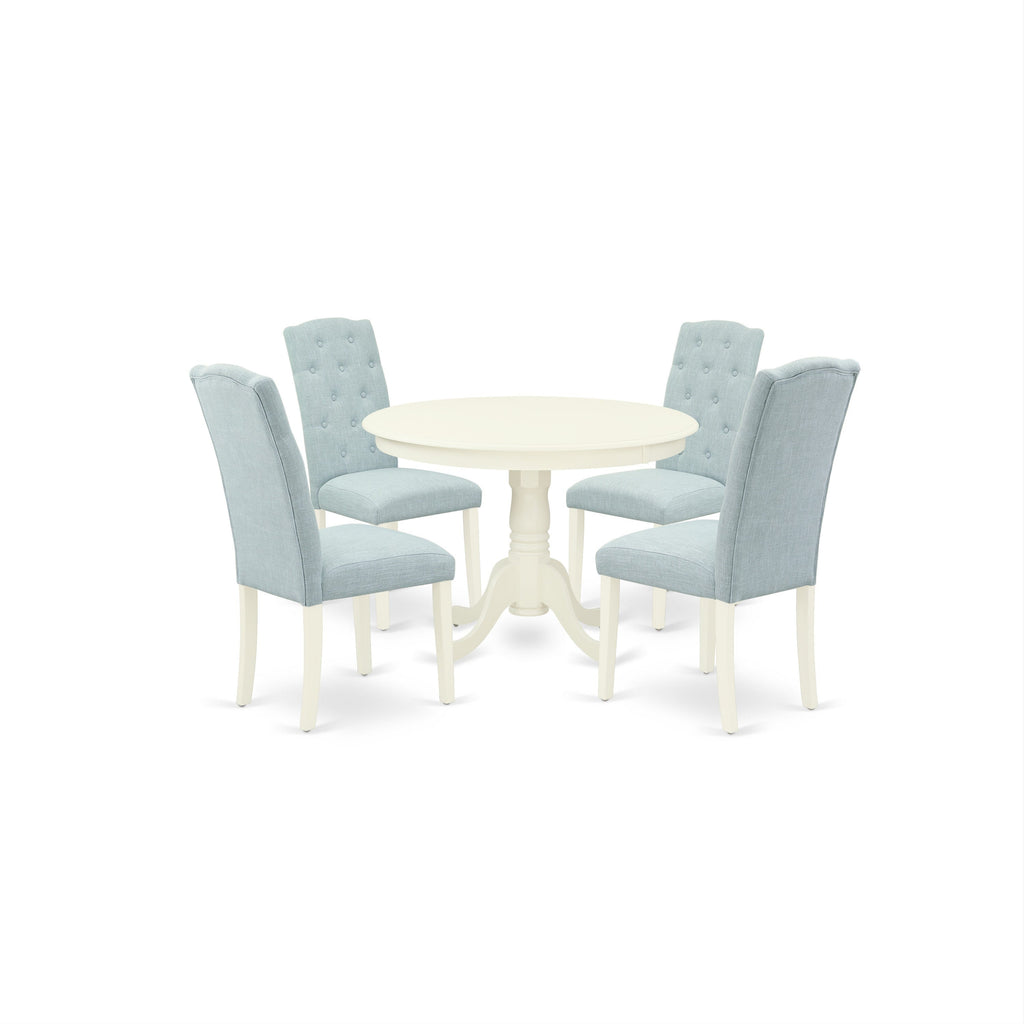 Juego de mesa de comedor de 5 piezas East West Furniture HLCE5-LWH-15 para 4 personas. Incluye una mesa de cocina redonda con pedestal y 4 sillas Parson tapizadas en tela de lino azul bebé.