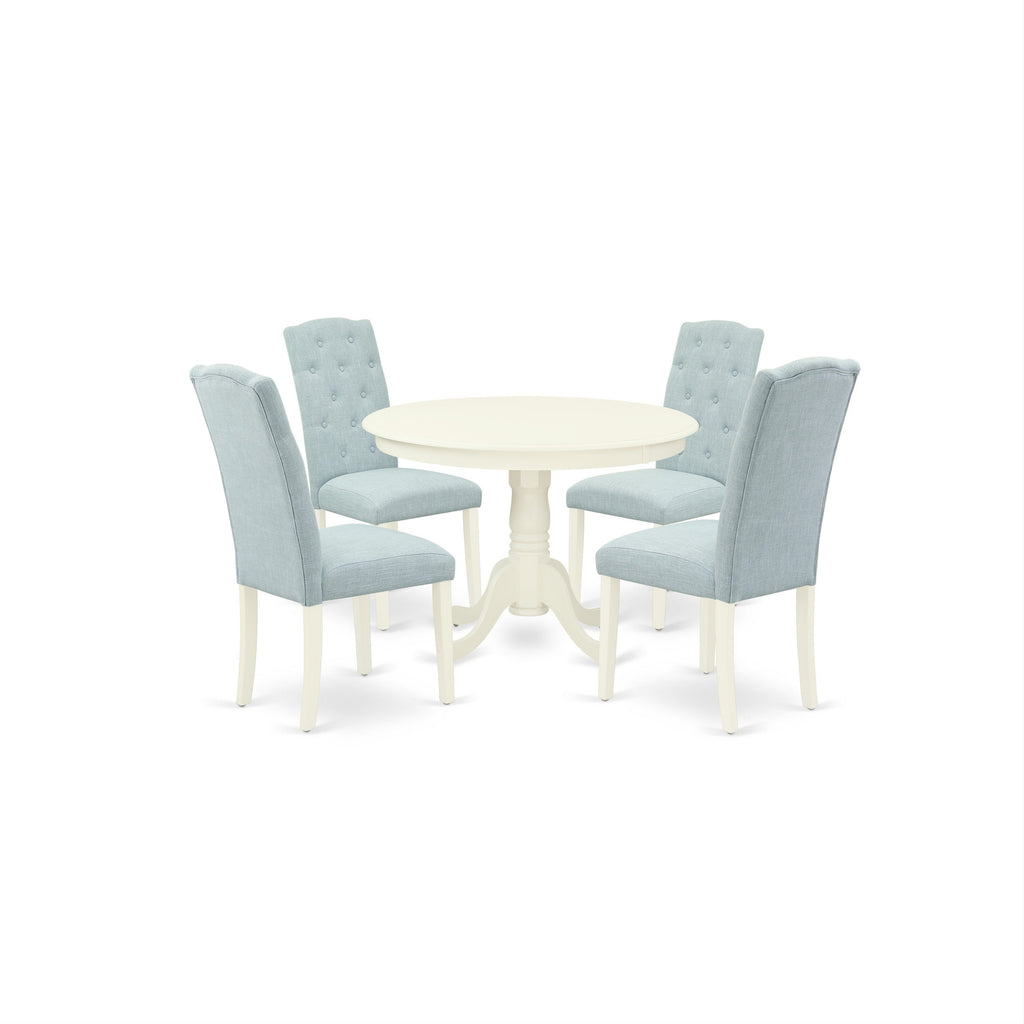 East West Furniture HLCE5-LWH-15 5 Piece Dining Table Set for 4 Includes a Round Kitchen Table with Pedestal and 4 Baby Blue Linen Fabric Upholstered Parson Chairs, 42x42 Inch, Linen White