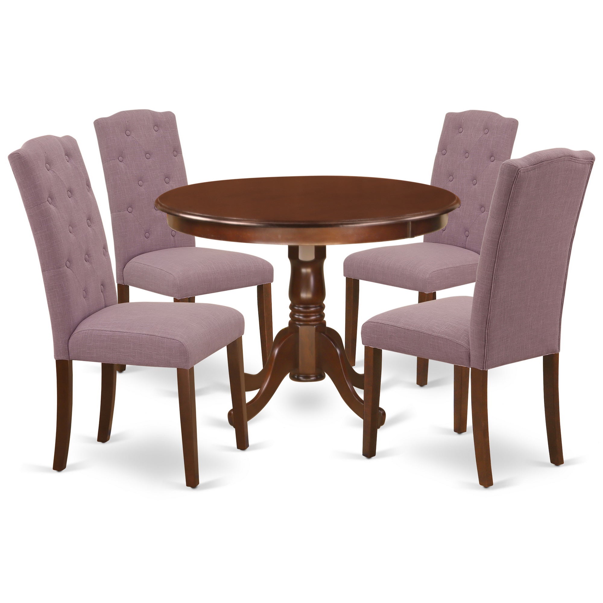 El juego de comedor de 5 piezas HLCE5-MAH-10 de East West Furniture incluye una mesa de comedor redonda con pedestal y 4 sillas Parson tapizadas en tela de lino Dahlia.
