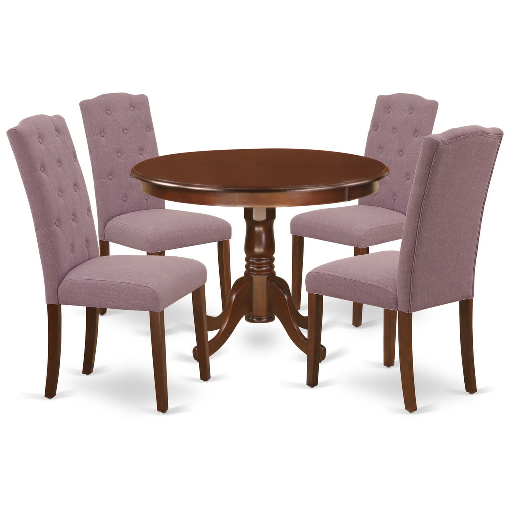 El juego de comedor de 5 piezas HLCE5-MAH-10 de East West Furniture incluye una mesa de comedor redonda con pedestal y 4 sillas Parson tapizadas en tela de lino Dahlia.