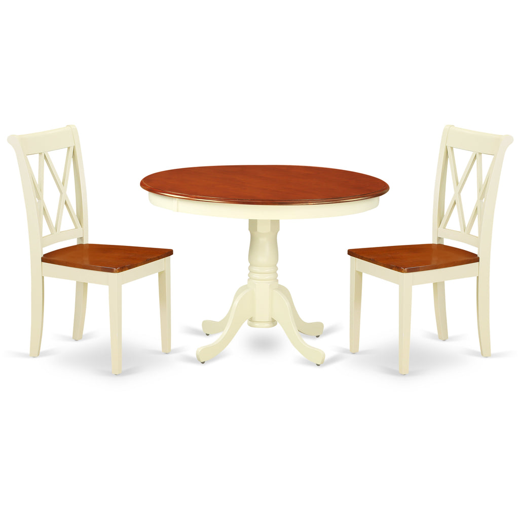 East West Furniture HLCL3-BMK-W 3 Piece Kitchen Table & Chairs Set Contains a Round Dining Table with Pedestal and 2 Dining Room Chairs