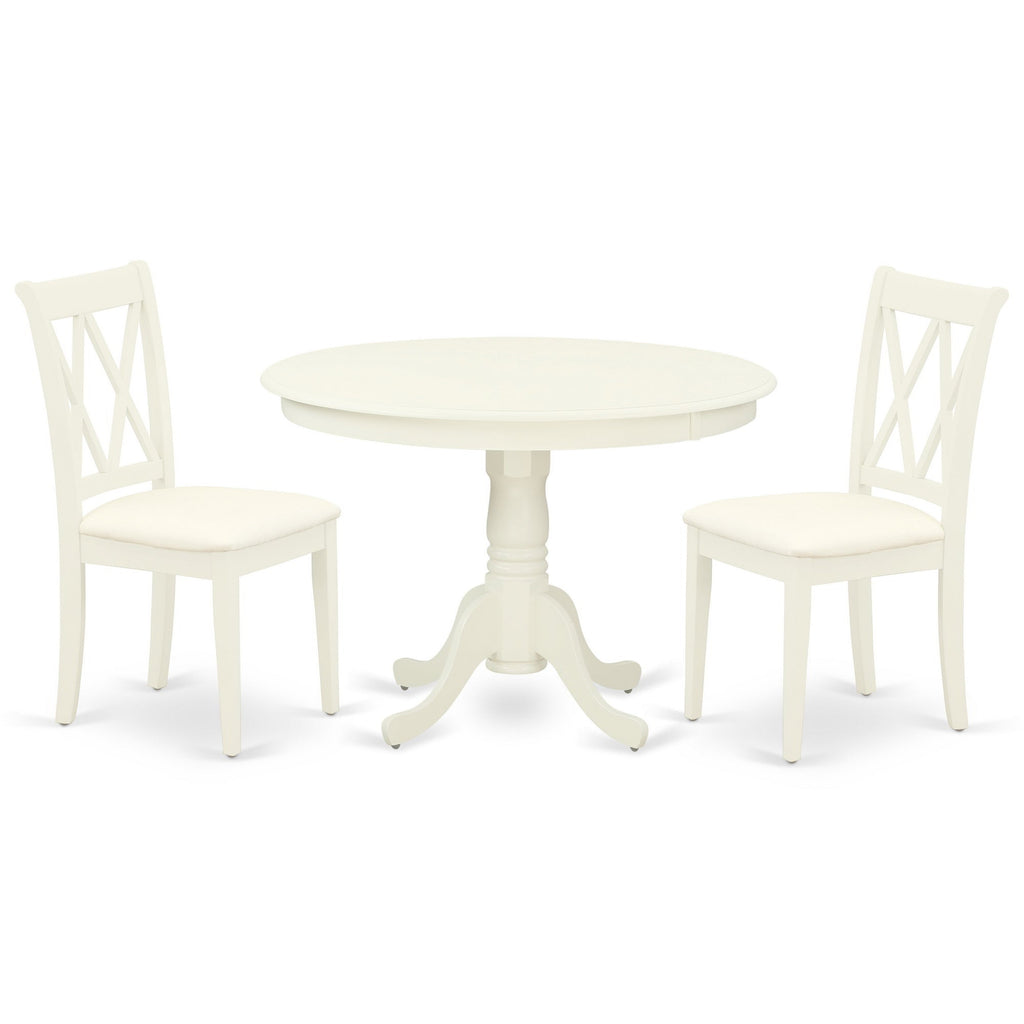 East West Furniture HLCL3-LWH-C 3 Piece Dining Set Contains a Round Dining Table with Pedestal and 2 Linen Fabric Kitchen Room Chairs
