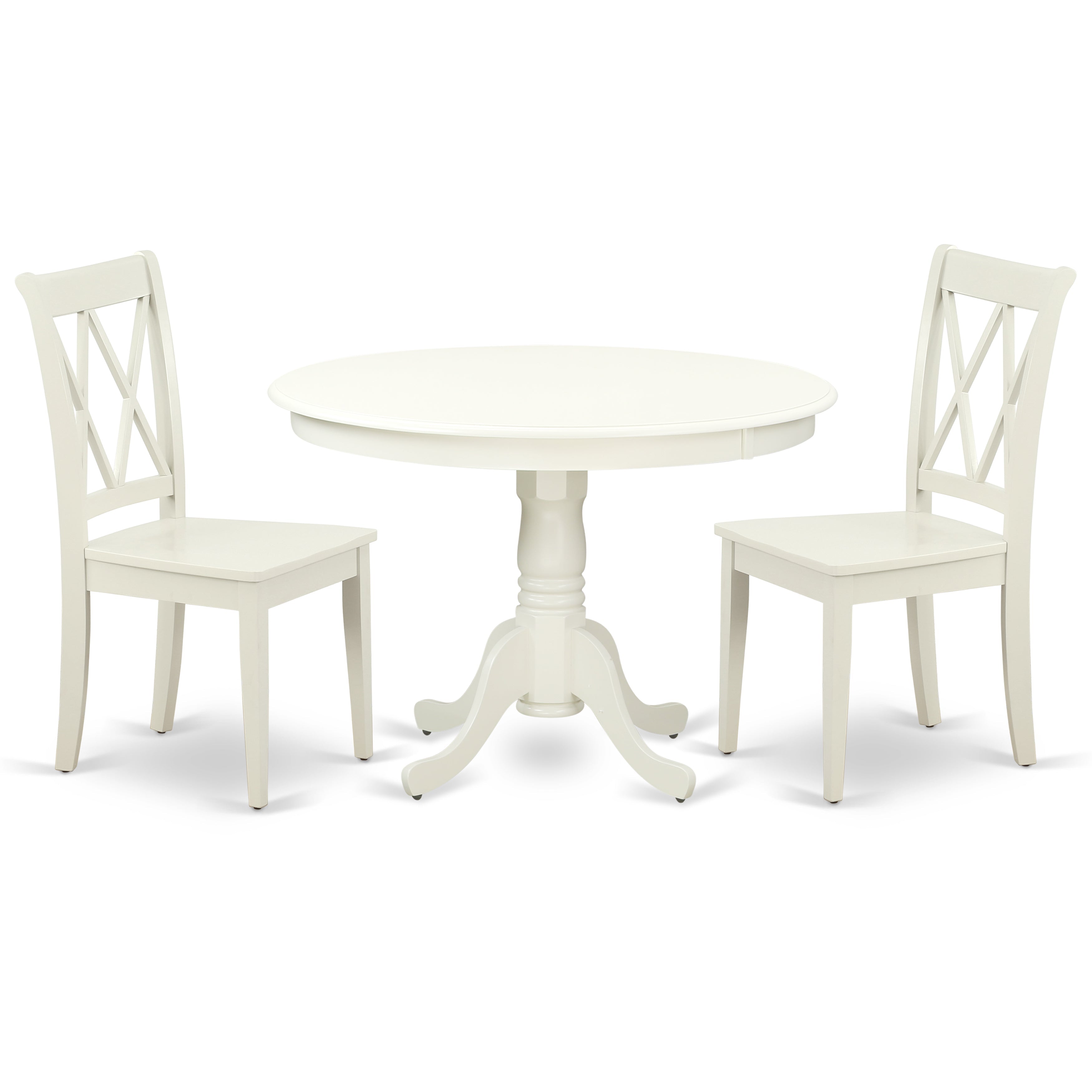 Juego de mesa de comedor de 3 piezas East West Furniture HLCL3-LWH-W para espacios pequeños. Contiene una mesa de comedor redonda con pedestal y 2 sillas con asiento de madera.