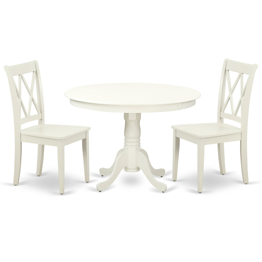 East West Furniture HLCL3-LWH-W 3 Piece Dining Table Set for Small Spaces Contains a Round Dining Room Table with Pedestal and 2 Wood Seat Chairs