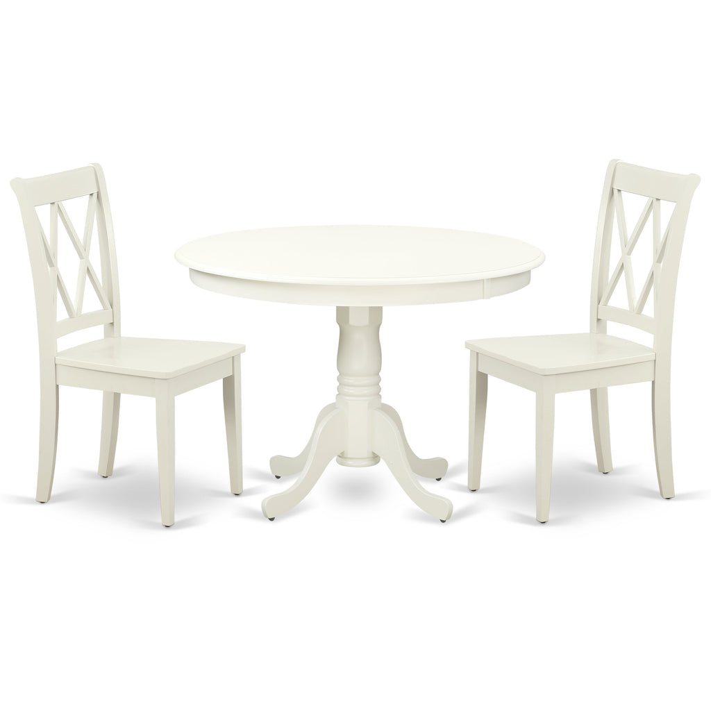 East West Furniture HLCL3-LWH-W 3 Piece Dining Table Set for Small Spaces Contains a Round Dining Room Table with Pedestal and 2 Wood Seat Chairs, 42x42 Inch, Linen White