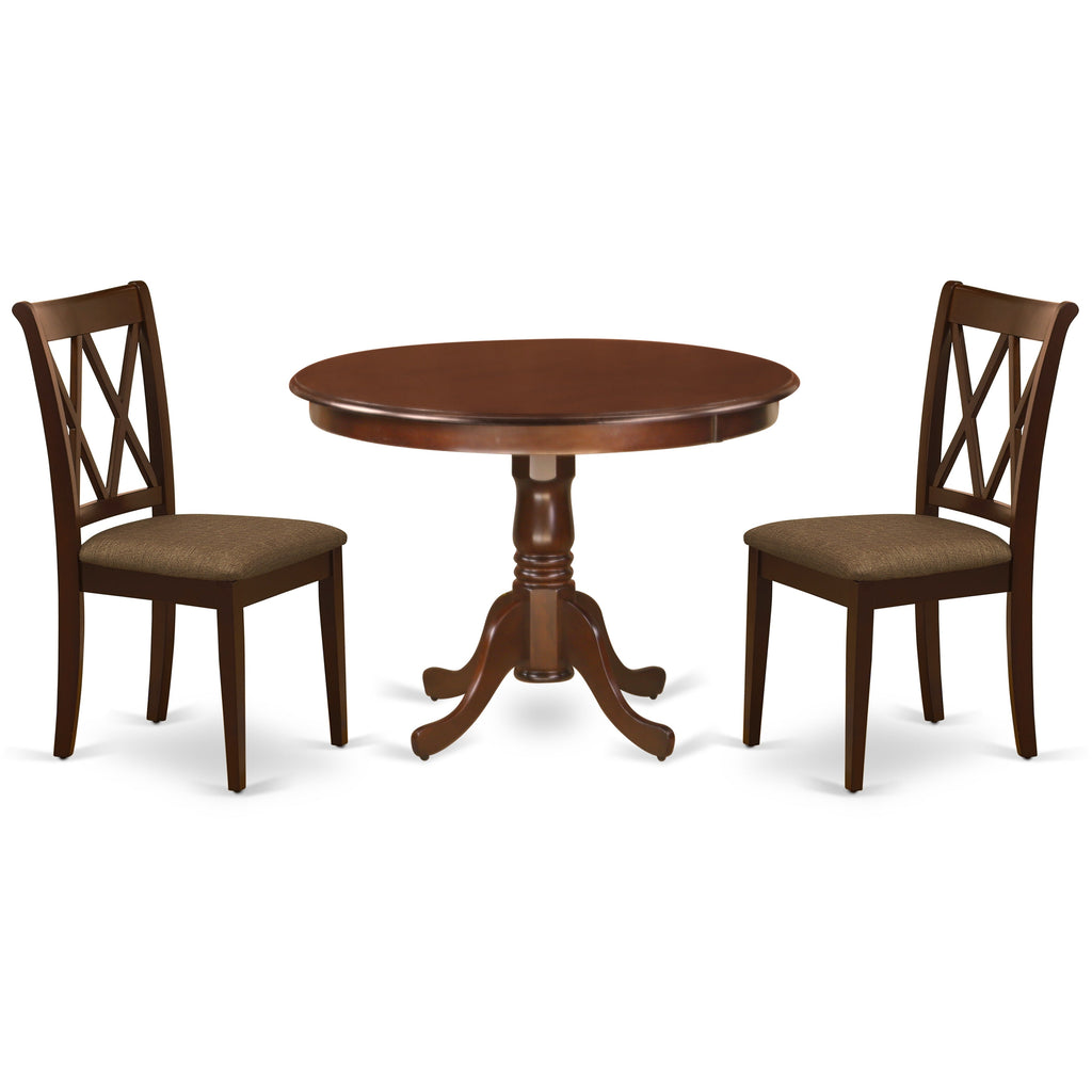 East West Furniture HLCL3-MAH-C 3 Piece Dining Room Furniture Set Contains a Round Kitchen Table with Pedestal and 2 Linen Fabric Upholstered Dining Chairs
