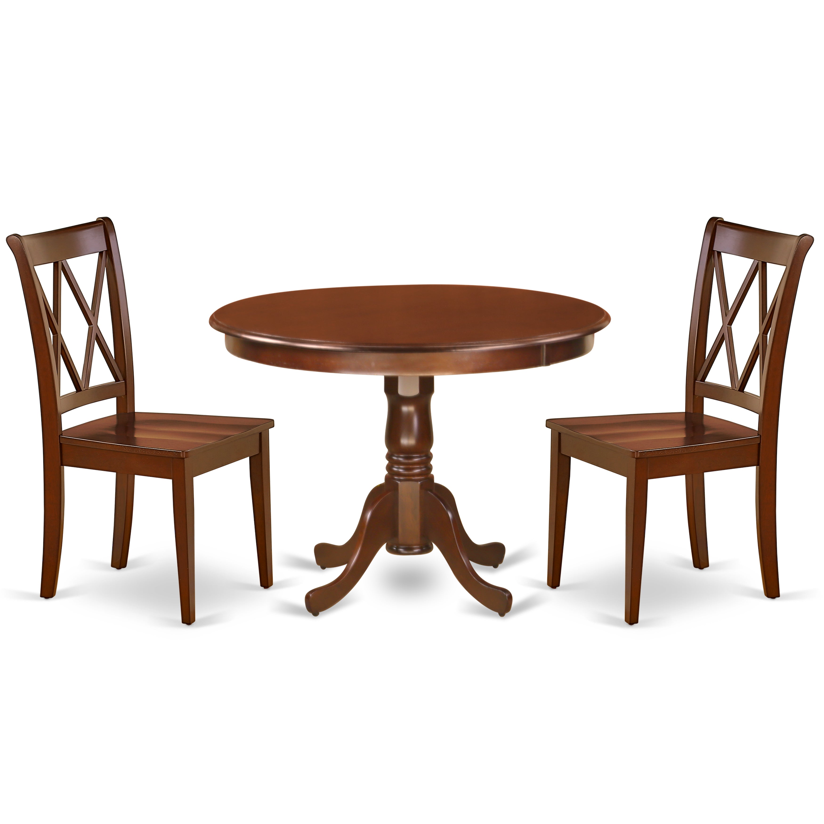 Juego de mesa de cocina de 3 piezas East West Furniture HLCL3-MAH-W para espacios pequeños. Contiene una mesa de comedor redonda con pedestal y 2 sillas de comedor.