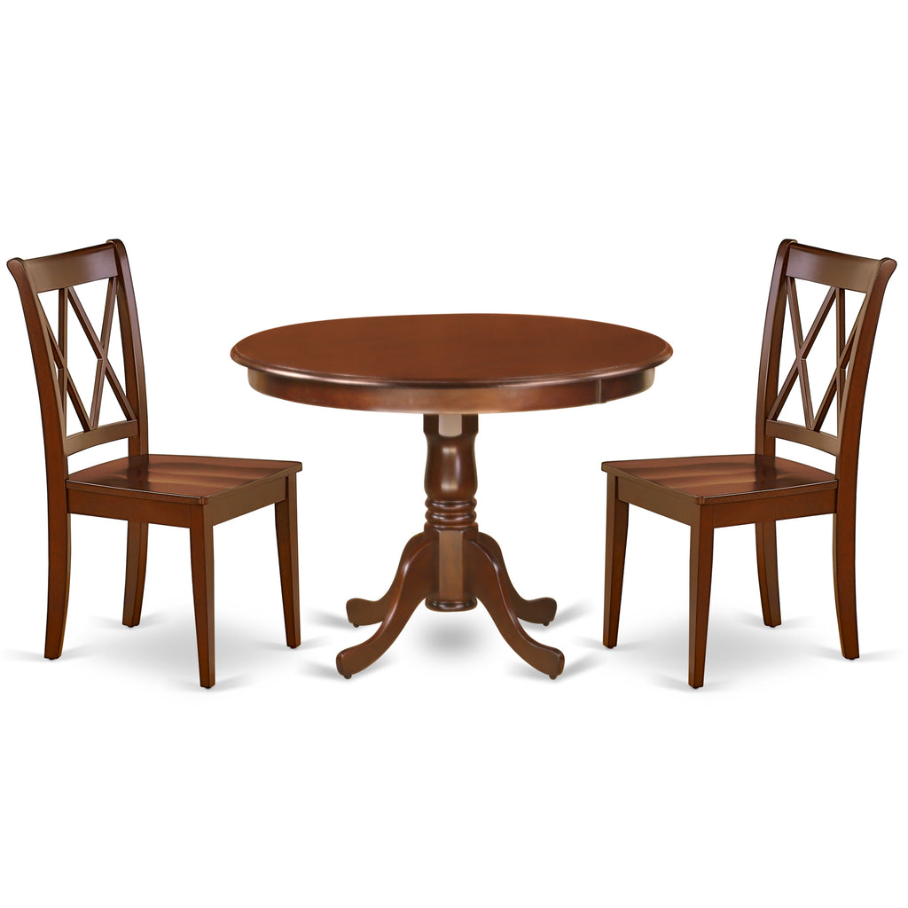 East West Furniture HLCL3-MAH-W 3 Piece Kitchen Table Set for Small Spaces Contains a Round Dining Room Table with Pedestal and 2 Dining Chairs