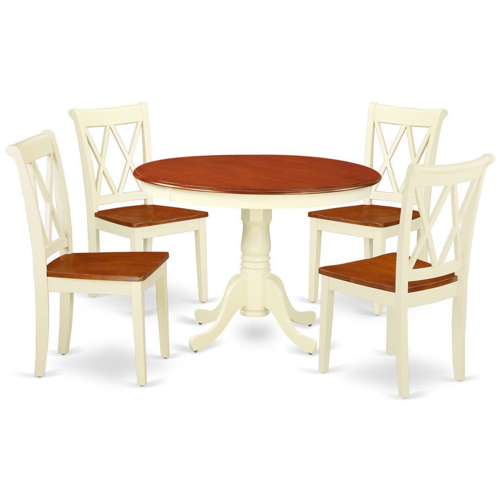 East West Furniture HLCL5-BMK-W 5 Piece Dining Set Includes a Round Dining Room Table with Pedestal and 4 Kitchen Chairs, 42x42 Inch, Buttermilk & Cherry