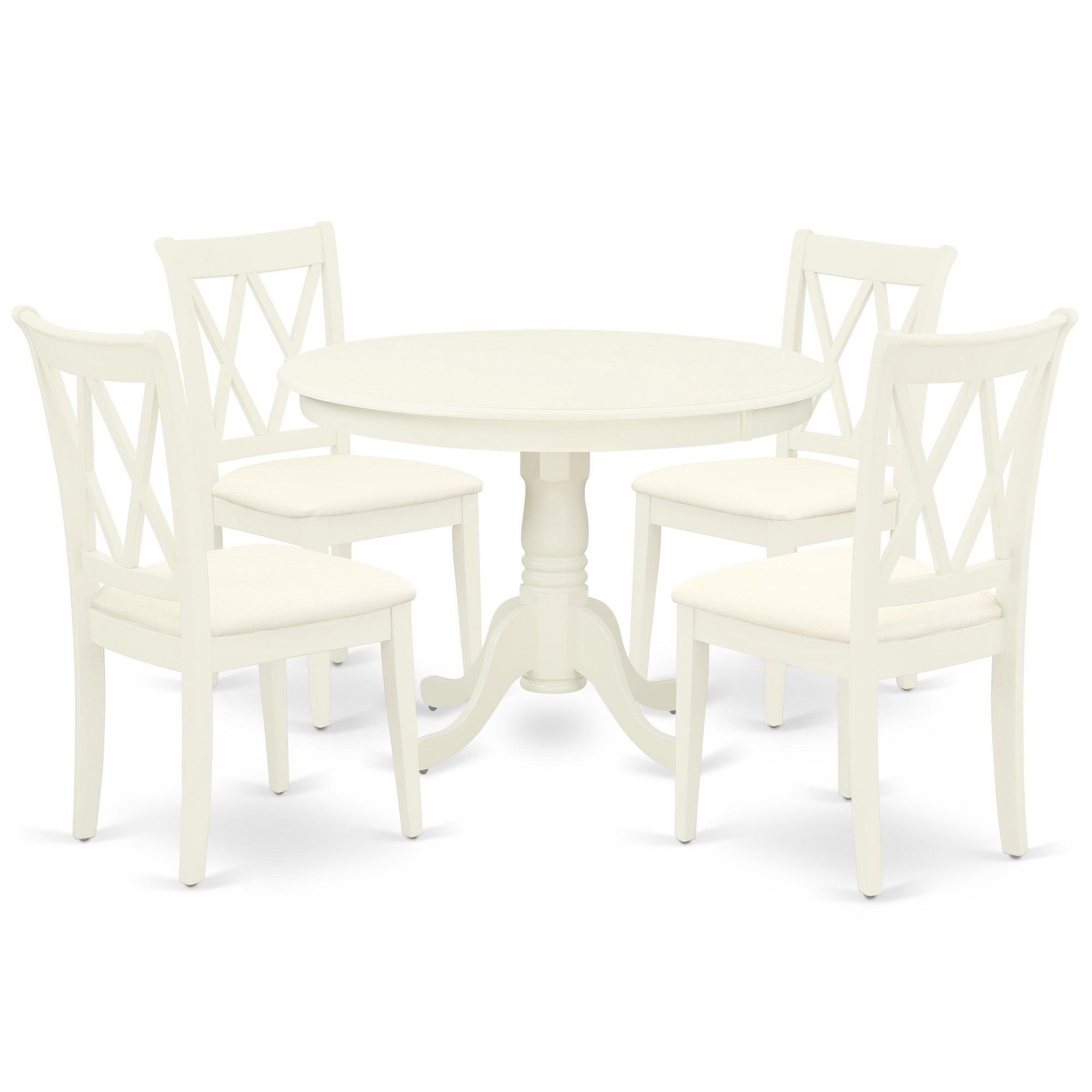HLCL5-LWH-C 5Pc Dining Set Includes a Round Dinette Table and Four Double X Back Linen Seat Kitchen Chairs, Linen White Finish