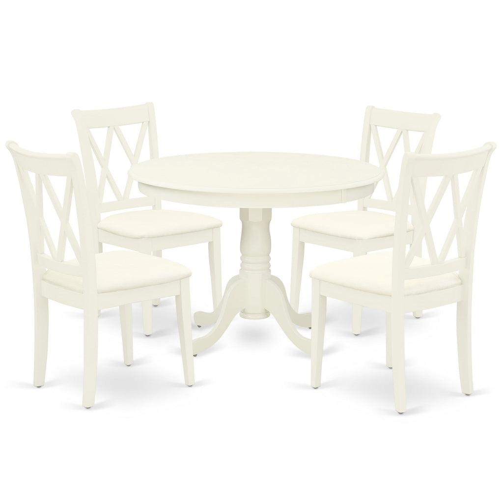 Juego de mesa de comedor de 5 piezas East West Furniture HLCL5-LWH-C. Incluye una mesa de comedor redonda con pedestal y 4 sillas tapizadas en tela de lino.