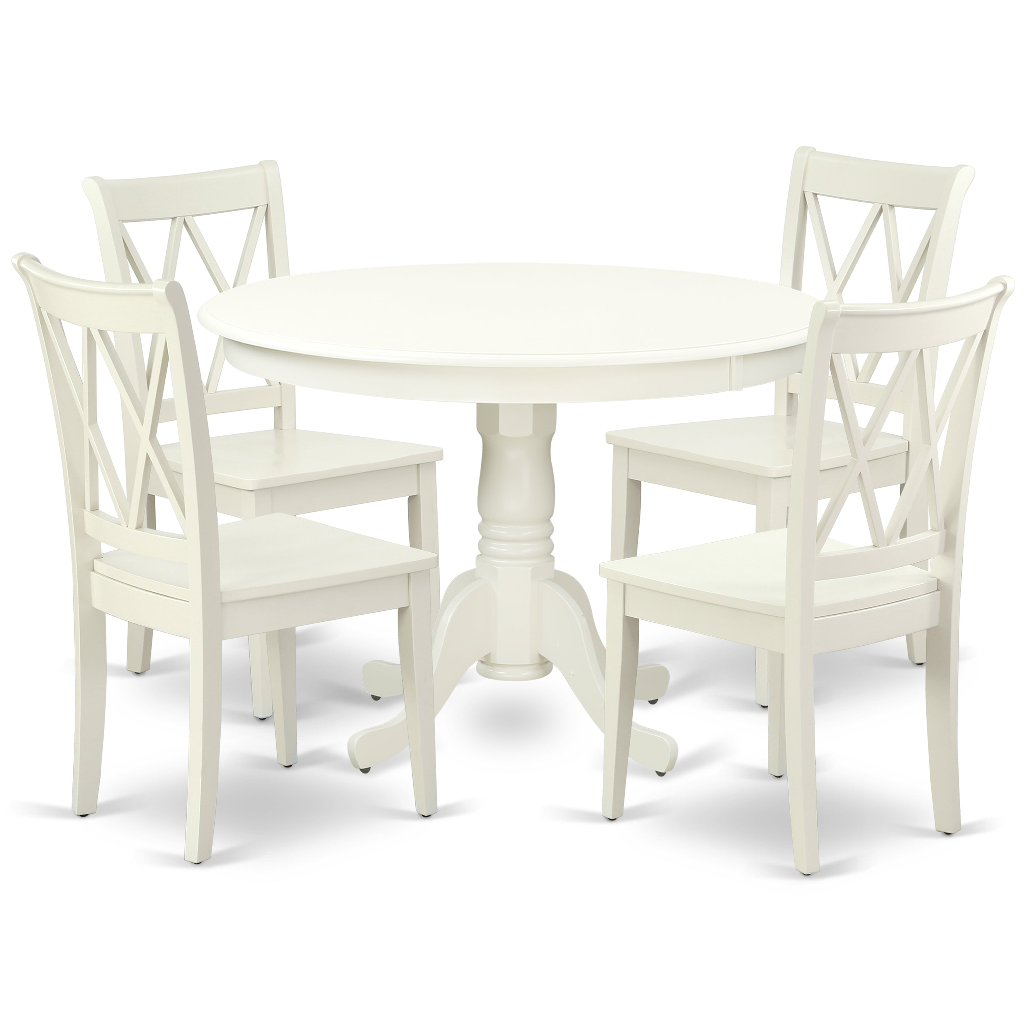 Juego de mesa de comedor de 5 piezas East West Furniture HLCL5-LWH-W. Incluye una mesa de cocina redonda con pedestal y 4 sillas de comedor.