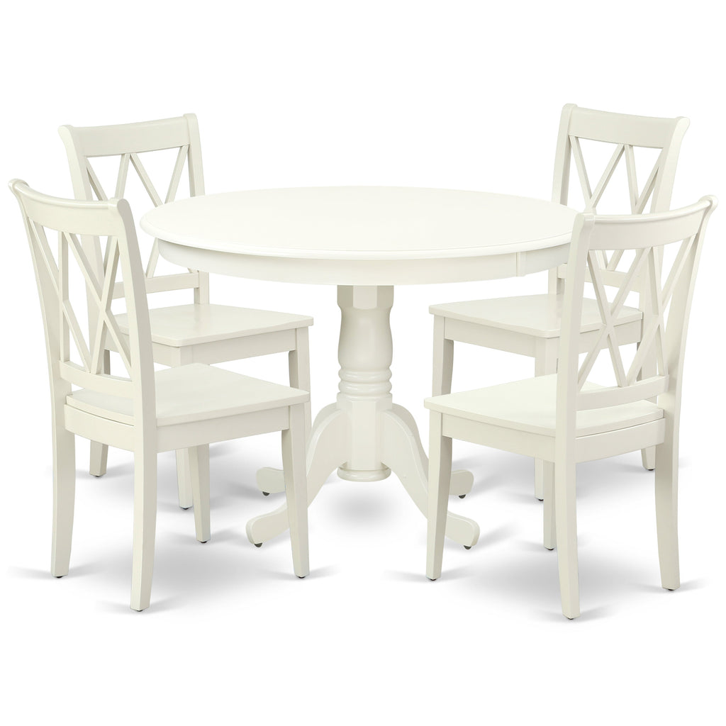 Juego de mesa de comedor de 5 piezas East West Furniture HLCL5-LWH-W. Incluye una mesa de cocina redonda con pedestal y 4 sillas de comedor.