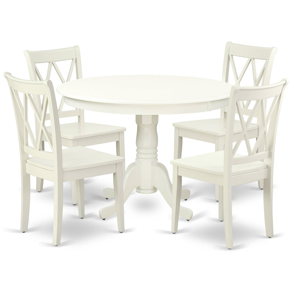 East West Furniture HLCL5-LWH-W 5 Piece Dining Room Table Set Includes a Round Kitchen Table with Pedestal and 4 Dining Chairs, 42x42 Inch, Linen White