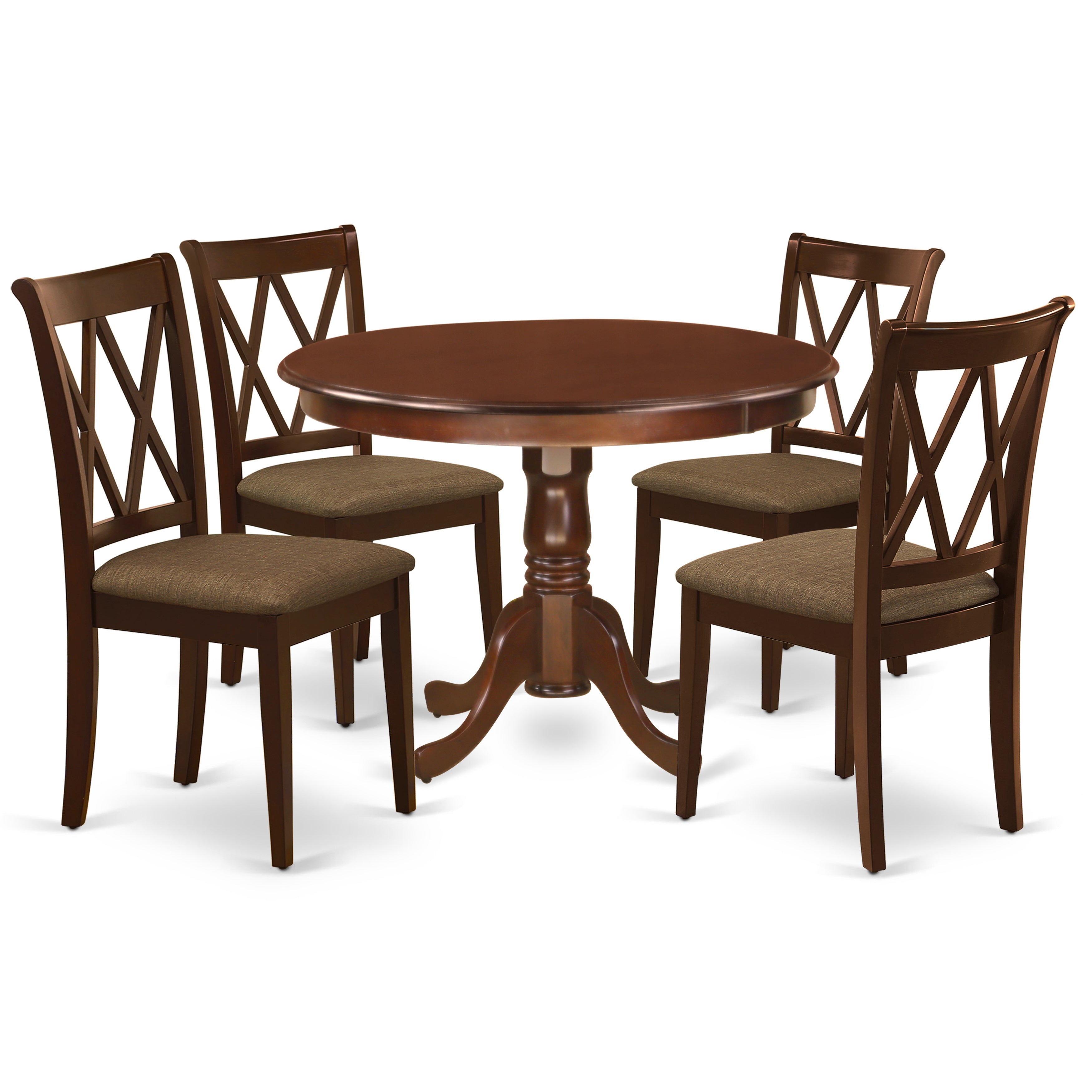 Juego de mesa de comedor de 5 piezas East West Furniture HLCL5-MAH-C. Incluye una mesa de comedor redonda con pedestal y 4 sillas tapizadas en tela de lino.