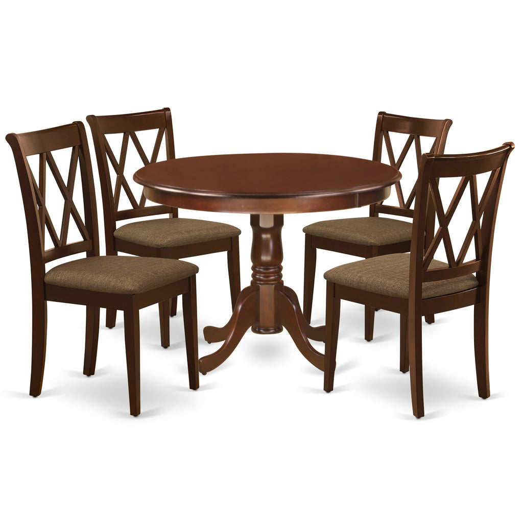 Juego de mesa de comedor de 5 piezas East West Furniture HLCL5-MAH-C. Incluye una mesa de comedor redonda con pedestal y 4 sillas tapizadas en tela de lino.