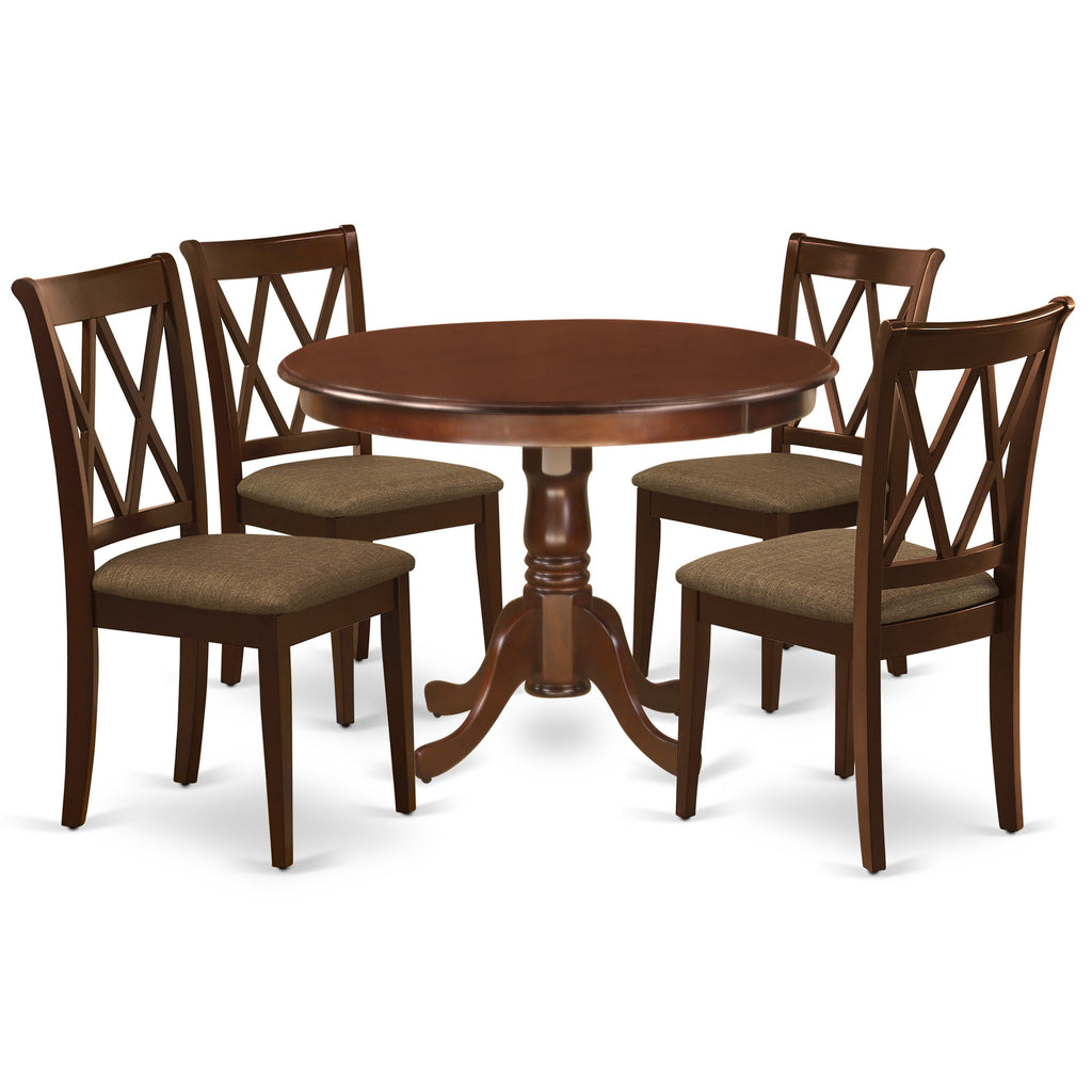 East West Furniture HLCL5-MAH-C 5 Piece Dining Room Table Set Includes a Round Dining Table with Pedestal and 4 Linen Fabric Upholstered Chairs, 42x42 Inch, Mahogany
