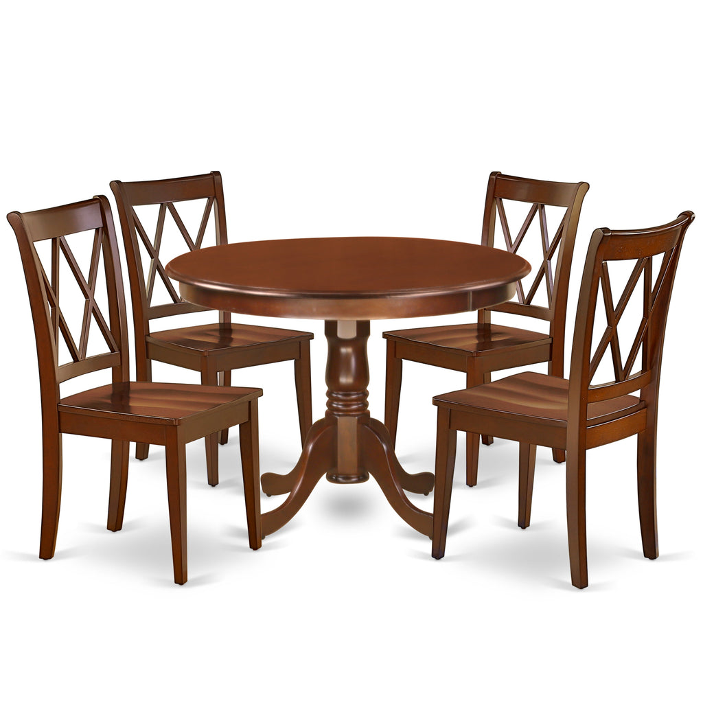 Juego de mesa de cocina de 5 piezas East West Furniture HLCL5-MAH-W para 4 personas. Incluye una mesa de comedor redonda con pedestal y 4 sillas de comedor.