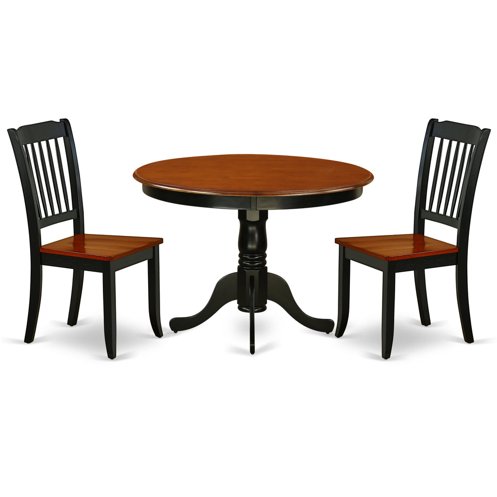 East West Furniture HLDA3-BCH-W 3 Piece Kitchen Table Set for Small Spaces Contains a Round Dining Room Table with Pedestal and 2 Dining Chairs