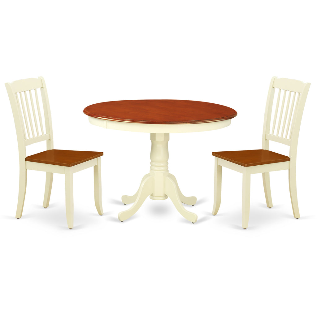 East West Furniture HLDA3-BMK-W 3 Piece Modern Dining Table Set Contains a Round Wooden Table with Pedestal and 2 Dining Chairs