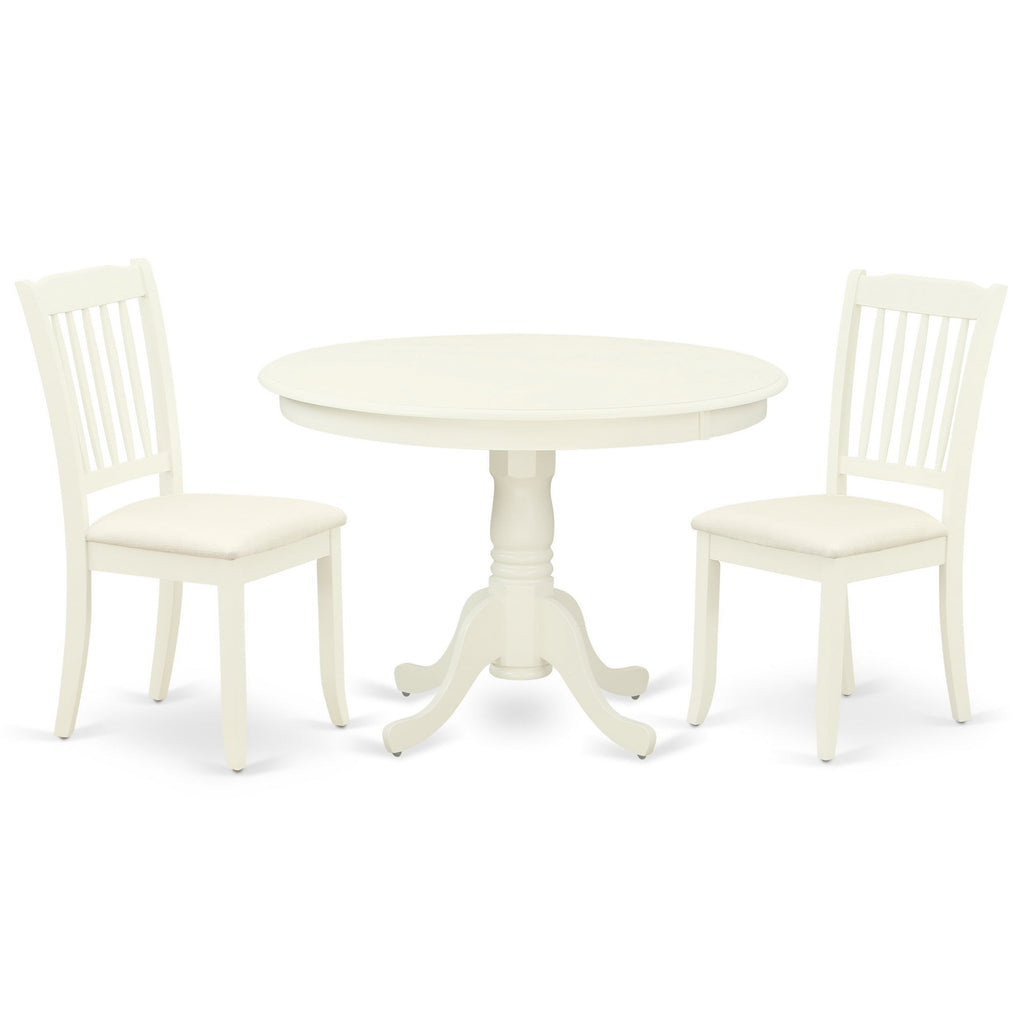 East West Furniture HLDA3-LWH-C 3 Piece Dining Room Table Set  Contains a Round Kitchen Table with Pedestal and 2 Linen Fabric Upholstered Dining Chairs, 42x42 Inch, Linen White