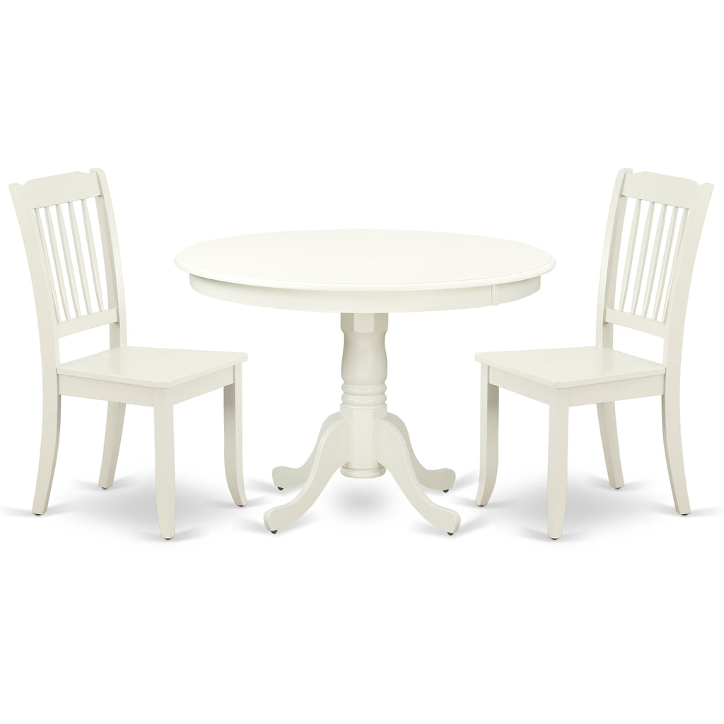 East West Furniture HLDA3-LWH-W 3 Piece Dinette Set for Small Spaces Contains a Round Dining Table with Pedestal and 2 Dining Room Chairs