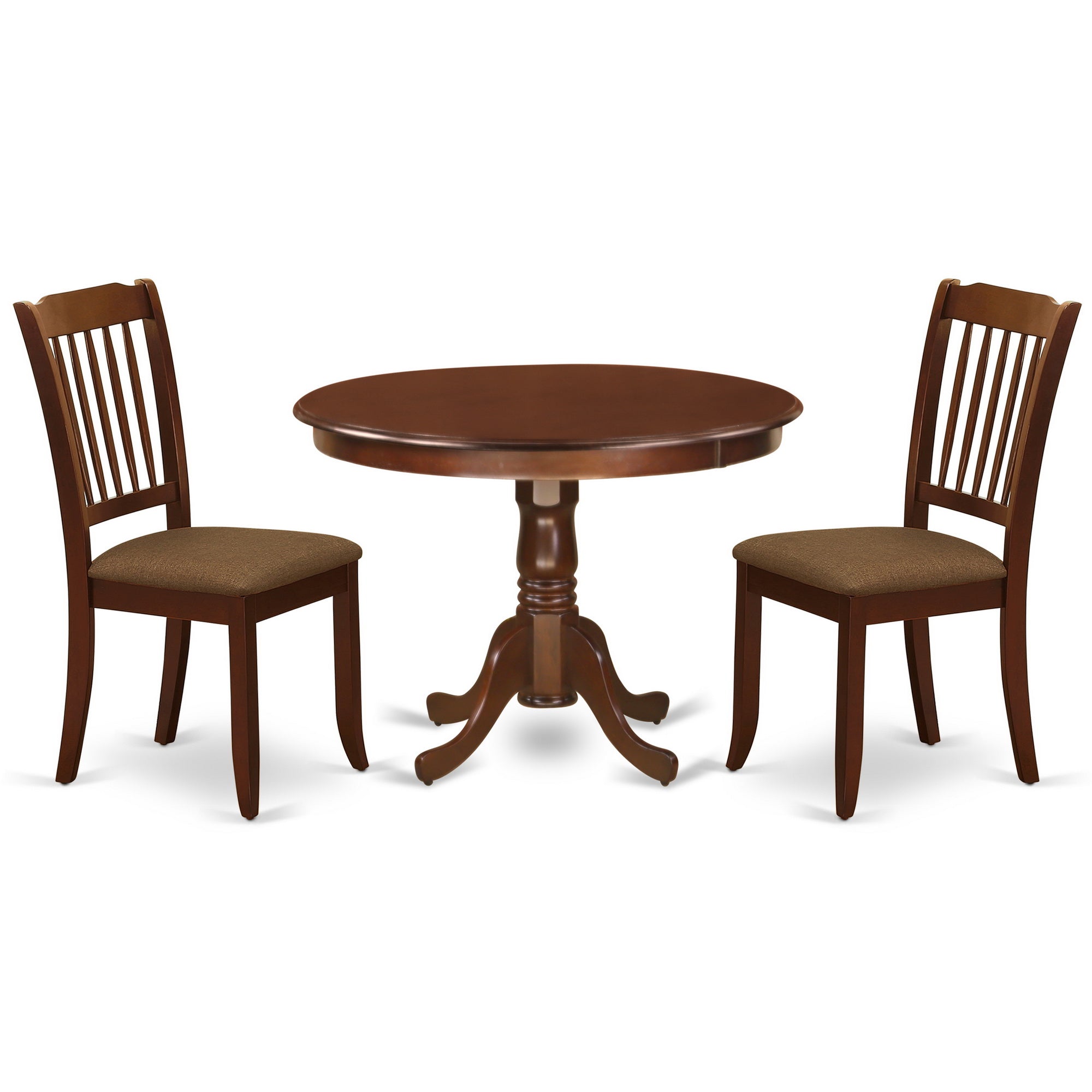HLDA3-MAH-C 3Pc Dinette Set Includes a Rounded Kitchen Table and Two Vertical Slatted Linen Seat Dining Chairs, Mahogany Finish