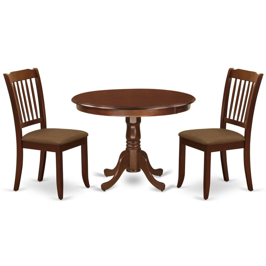 East West Furniture HLDA3-MAH-C 3 Piece Dining Room Table Set  Contains a Round Kitchen Table with Pedestal and 2 Linen Fabric Upholstered Dining Chairs, 42x42 Inch, Mahogany