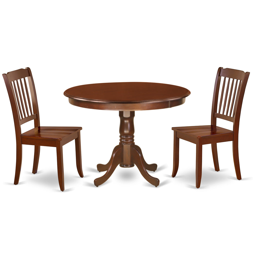 East West Furniture HLDA3-MAH-W 3 Piece Kitchen Table Set for Small Spaces Contains a Round Dining Room Table with Pedestal and 2 Dining Chairs