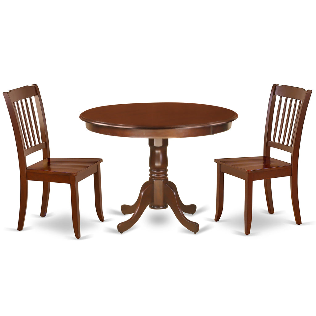 East West Furniture HLDA3-MAH-W 3 Piece Kitchen Table Set for Small Spaces Contains a Round Dining Room Table with Pedestal and 2 Dining Chairs, 42x42 Inch, Mahogany